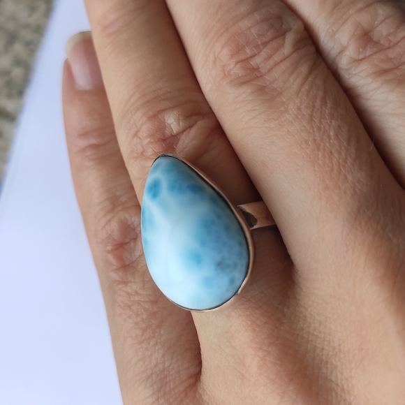 Solid Sterling Silver Pear Larimar Ring Sz 7.75 - Picture 11 of 14